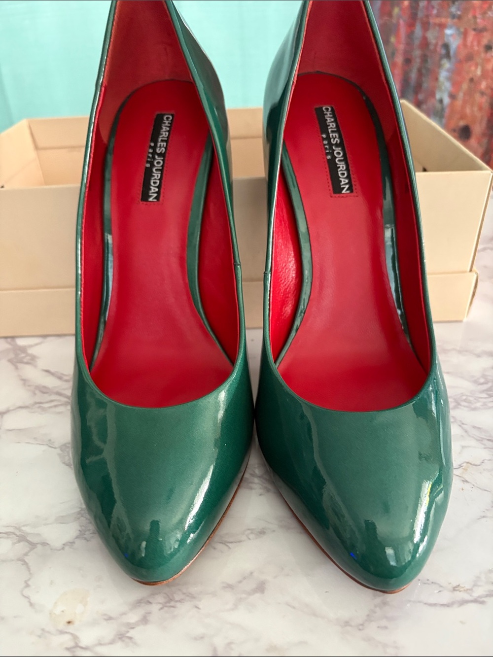 Charles Jourdan Green Patent Pointed-Toe Pumps with Red Interior